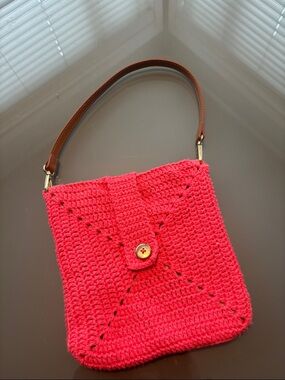Handcrafted Coral  Crocheted Shoulder Bag with Brown Handle